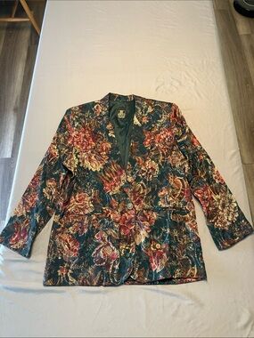 San Moire Dark Green Floral Brocade Blazer with Red & Gold Accents